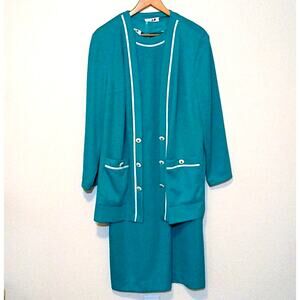Vintage Caron 60s green dress with matching sweater cardigan